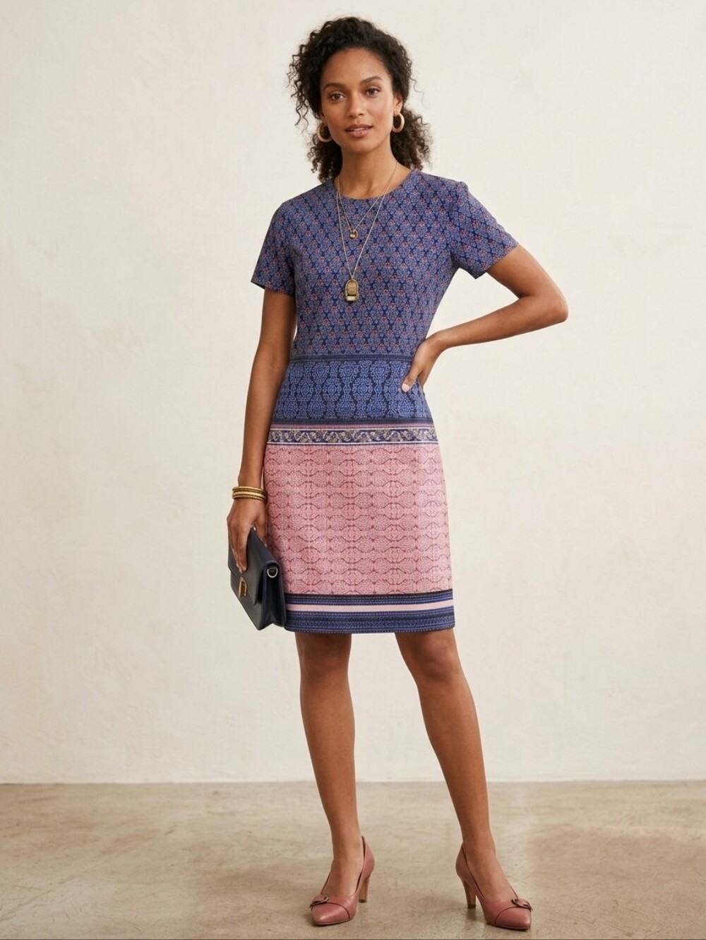 Adrienne Vittadini Women’s Blue Pink Floral Geometric Print Shift Dress Sz 2